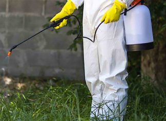 Pest control employee applies termite treatment on the ground