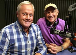 Danny Lipford, smiling with Joe Truini, in the Today's Homeowner Radio Show recording booth.