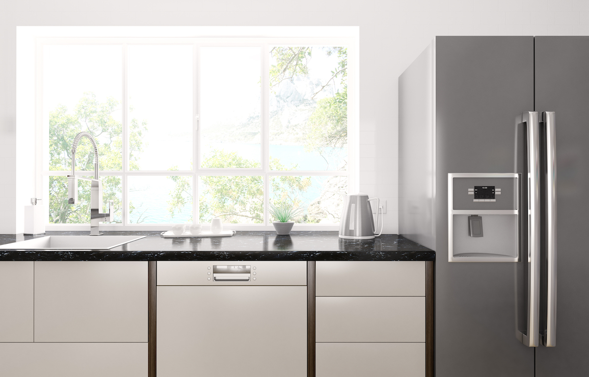 Interior of modern kitchen with black granite counter, refrigerator 3d render