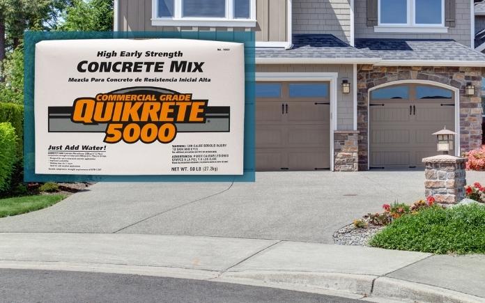 Quikrete 5000 concrete mix inset on a photo of a concrete driveway apron