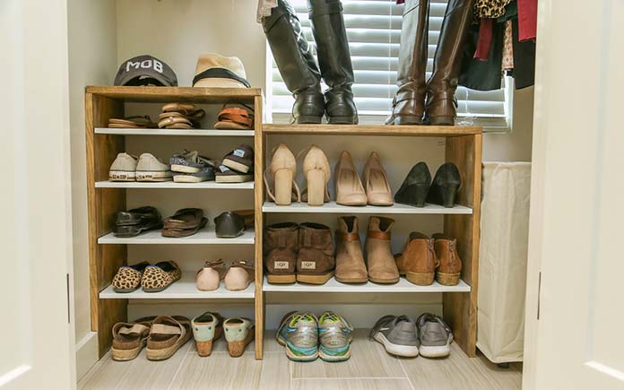 Shoe storage rack in bedroom closet