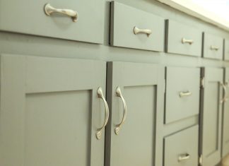 Shaker cabinets painted pale blue