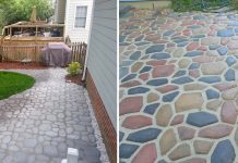 Split screen of two images; the left side shows a gray concrete patio made from Quikrete WalkMaker and the right side shows a multi-colored concrete patio made with Quikrete WalkMaker