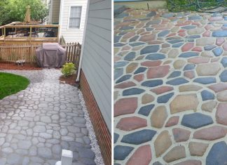 Split screen of two images; the left side shows a gray concrete patio made from Quikrete WalkMaker and the right side shows a multi-colored concrete patio made with Quikrete WalkMaker