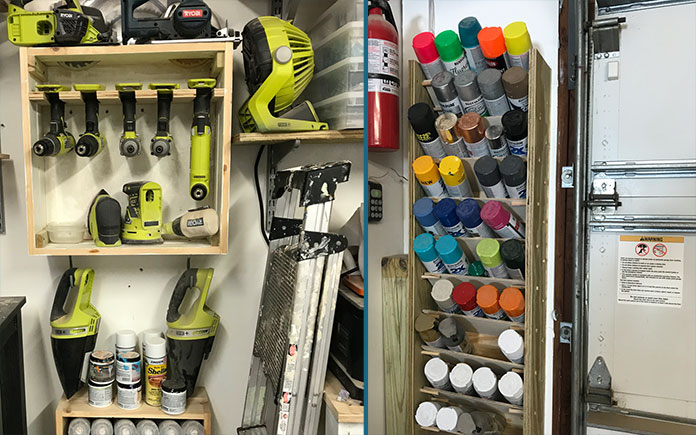 Le garage organisé de Sabrina Gordon, avec un système d'étagères pour pots de peinture et des systèmes d'organisation de forage Ryobi