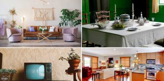 Split screen of four interiors, from past to present, showing mid-century interior design to 2020 open floor plan
