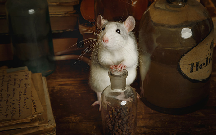 Rat rummaging through old liquor bottles and love letters in the attic
