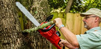 Dan from The Home Depot in Mobile, Alabama, cuts a limb with the Milwaukee M18 FUEL chainsaw