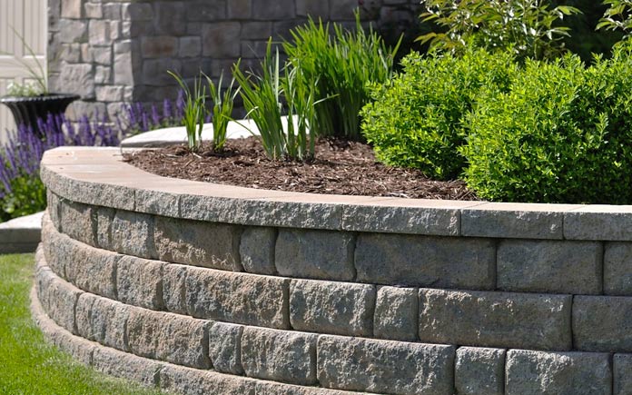 Paver retaining wall with plants and mulch growing at the top