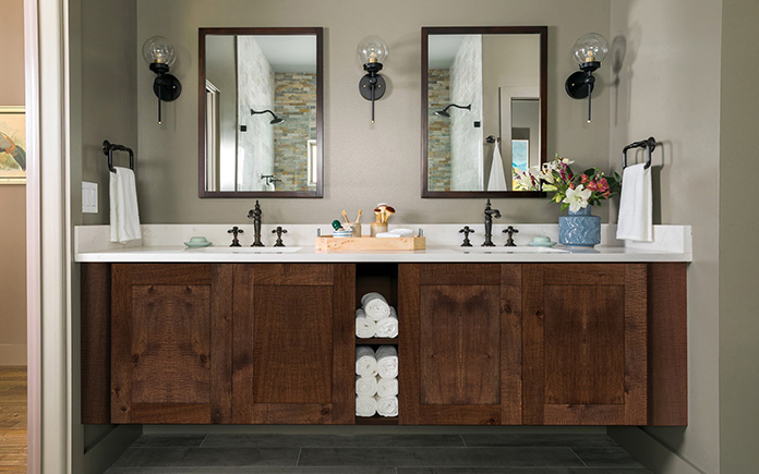 Bathroom vanity featuring shaker cabinets from Cabinets To Go's Spring hill Hickory collection. 