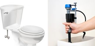 Split screen of a toilet and a woman installing a new Fluidmaster fill valve