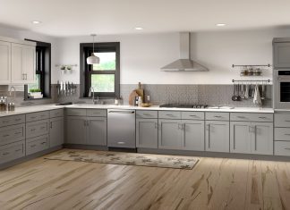 View of modern kitchen, featuring Worthington grey shaker cabinets from Cabinets To Go