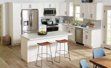 White shaker-style cabinets seen in a modern kitchen with the latest trends for 2020