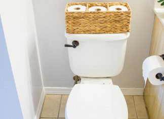 Toilet with basket of toilet paper on the tank
