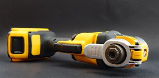 DeWalt cordless drill with a brushless motor, pictured lying on its side