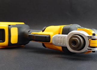 DeWalt cordless drill with a brushless motor, pictured lying on its side