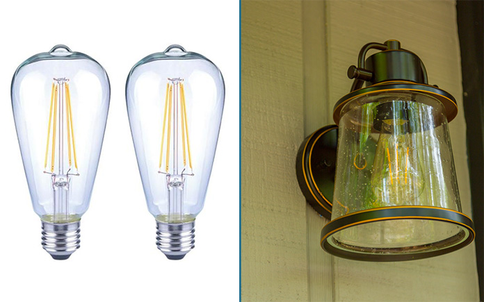 Eco Smart's Antique Edison Light Bulb, as seen in a product photo, at left, and inside an exterior light fixture, at right.