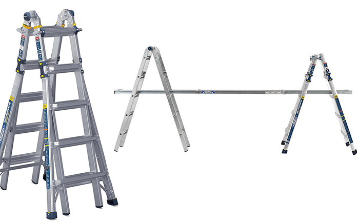 Werner Ladders' 5-in-1 Multiposition Ladder, seen as a step ladder and as two self-supporting scaffolding braces