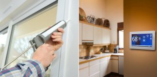 Split screen of a man caulking the gaps outside of a window frame, at left, and view of a kitchen with a thermostat set to 68 degrees.