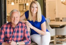 “Today’s Homeowner” hosts Danny Lipford and Chelsea Lipford Wolf, seen sitting on a couch on a patio