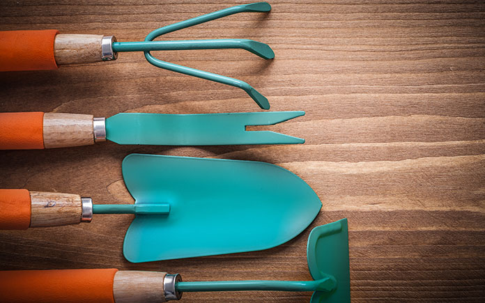 Designer gardening tools with turquoise blades