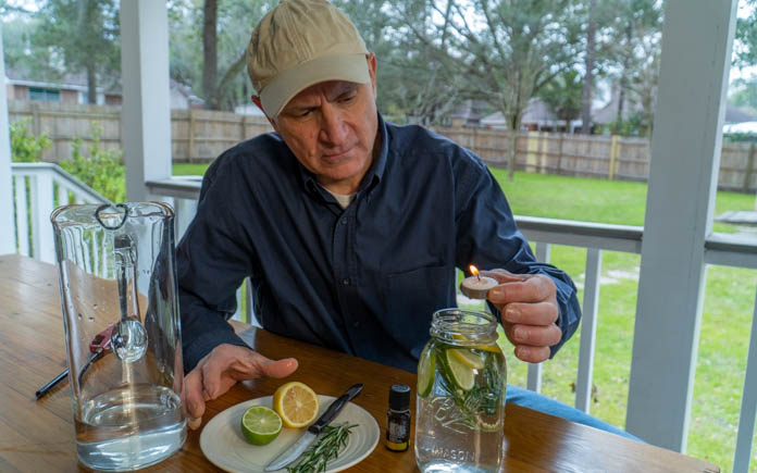 In a Simple Solutions segment of Today's Homeowner, Joe Truini demonstrates how to make a diy mosquito repellant with a mason jar, water, lemons, lime, rosemary, oil and a candle.