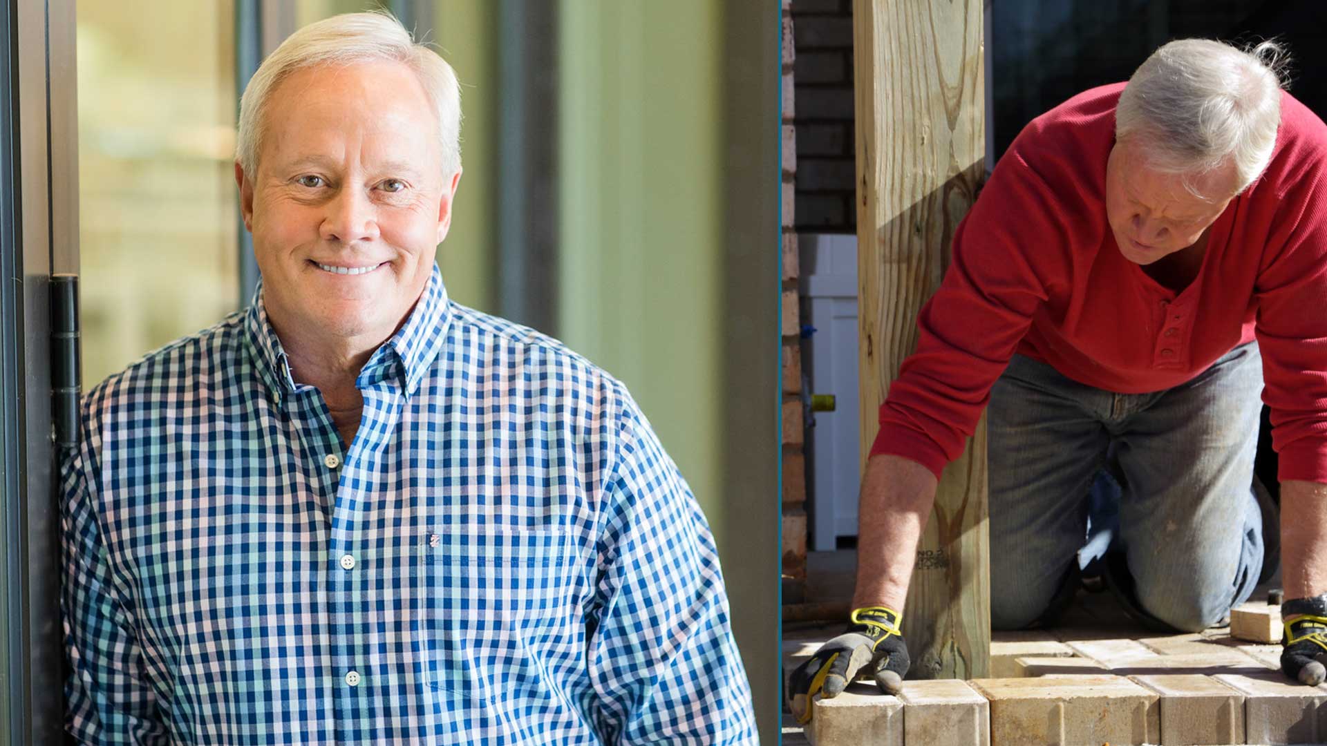 “Today’s Homeowner” host Danny Lipford, seen at left, looking at the camera while leaning against a column in an outdoor kitchen, and seen at right, laying pavers on a patio.