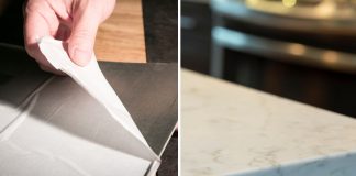 Split picture of peel and stick tile and countertop