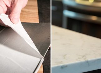 Split picture of peel and stick tile and countertop