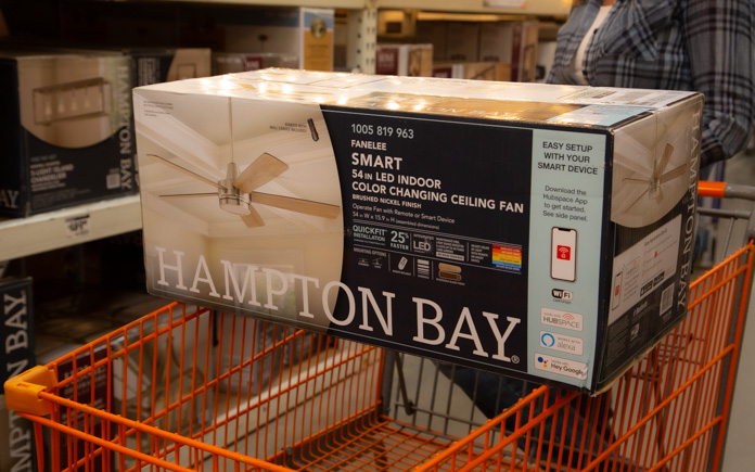 Hampton Bay Fanelee Smart Color Changing Ceiling Fan in Home Depot shopping cart.