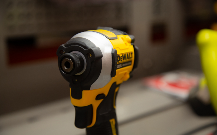 Dewalt compact impact driver with three LED onboard lights.