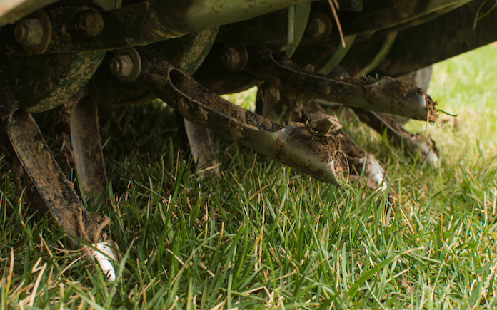  Close up of a lawn plug aerator on grass