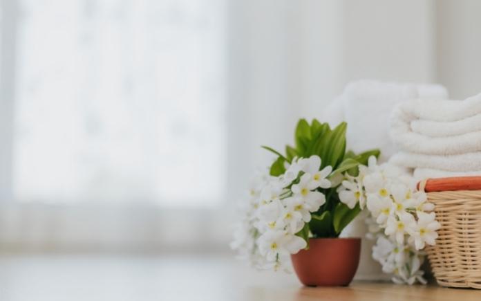 Flowers and a basket of towels in a room with natural light