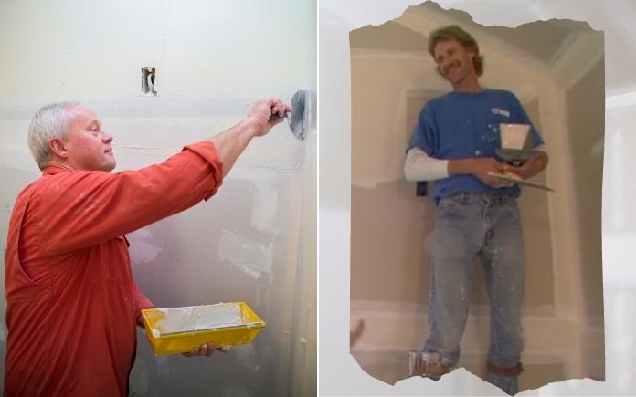 Split-Bild von Danny Lipford, Fernsehmoderator von Today's Homeowner, und Mark Rutherford, einem Installateur für Trockenbauwände