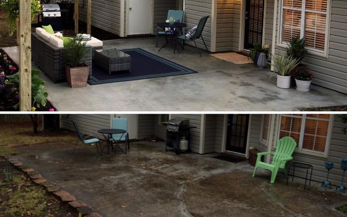 A before and after split view of a resurfaced concrete patio using Quikrete Re-Cap Concrete resurfacer product.