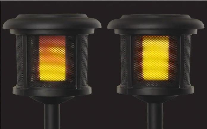 Hampton Bay Solar LED Flicker Flame Path Light with flicker mode on and flicker mode off