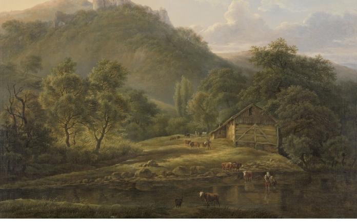 Landscape at the Sambre, By Edouard Delvaux, 1826-1828, Belgian oil painting. Woman carry lamb wades through Sambre River, with child, On the banks is a building, probably a combination house-barn of the herding family.