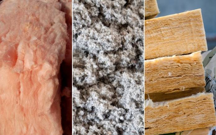 split image of fiberglass insulation, cellulose insulation and mineral wool insulation