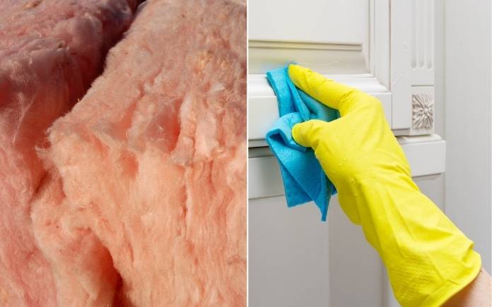 Split image of pink fiberglass insulation and a gloved hand wiping a kitchen cabinet with a rag 