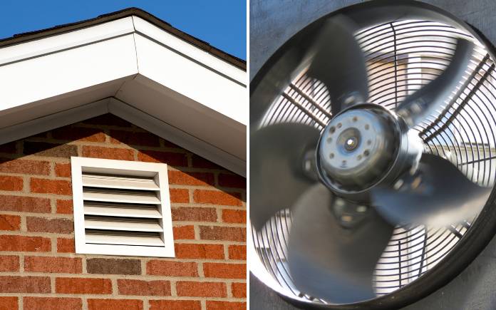 Split image of gable vent on brick home and an electric fan