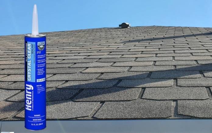 All Purpose Crystal Clear Sealant against a shingled roof with the sun beaming down