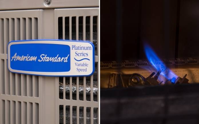 Split image of an American Standard heat pump and a furnace pilot light to demonstrate a dual-fuel heat pump system