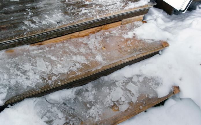 Slippery wooden steps covered with ice, outdoor close-up