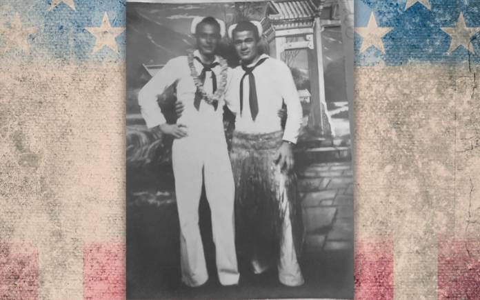 Rex O'Dell, right, dons a hula skirt in this photo with a fellow sailor