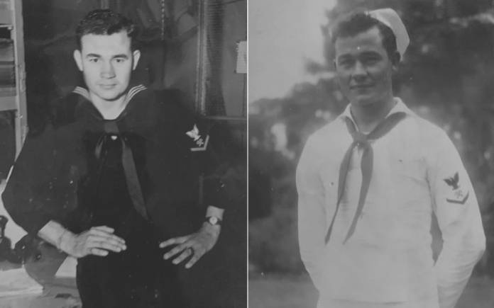 A split photo of Rex O'Dell in both of his Navy uniforms