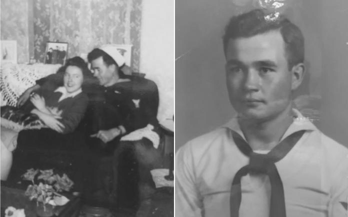 Split photo of Rex O'Dell with his wife Jean and a picture of him when he first joined the Navy