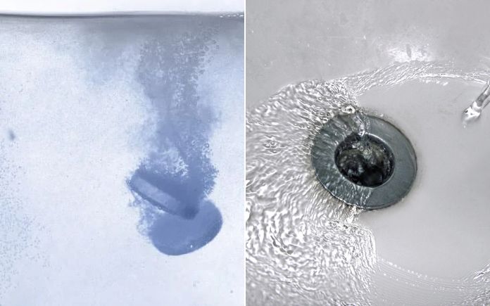 Split image of effervescent tablets dissolving in water and tap water flowing down the drain