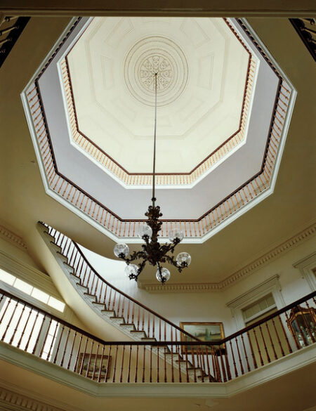 Befitting its four-story height, the Waverly Mansion in Columbus, Mississippi, features a grand medallion with a central rosette surrounded by concentric circles